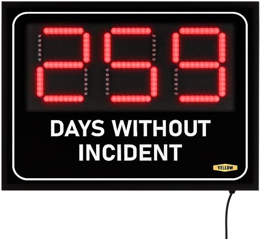 Yellow Safety®, Days Without Incident Electric Sign,11"x15" Safety Scoreboard, Days Without Accident