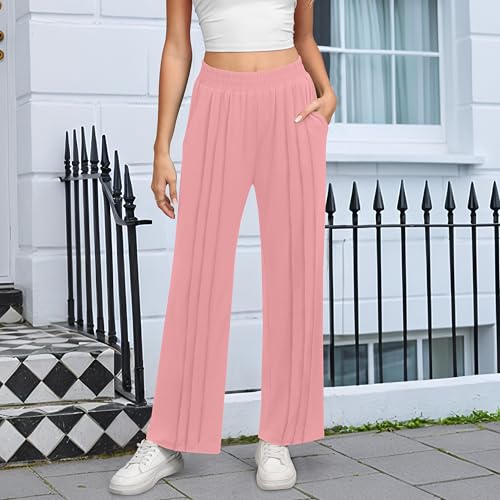Womens Wide Leg Pants Elastic High Waist Loose Casual Trousers Fashion Pleated Pants with Pockets Solid Color