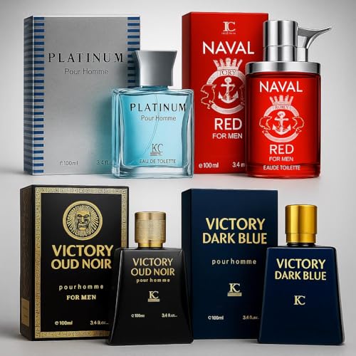 Men’s Cologne 4-Pack Gift Set – Naval Red, Platinum Pour Homme, Victory Oud Noir &amp; Victory Dark Blue Warm Spicy, Fresh Aquatic, Woody Aromatic &amp; Dark Amber Scents – 3.4 Fl Oz Each