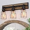 LALUZ Bathroom Vanity Light Fixtures, Farmhouse Bathroom Light Fixtures with Metal Cage, Rustic Vanity Light in Faux Wood Finish, L 22" x W 7.5" x H 11.4"