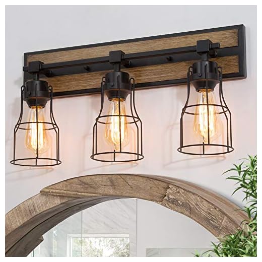 LALUZ Bathroom Vanity Light Fixtures, Farmhouse Bathroom Light Fixtures with Metal Cage, Rustic Vanity Light in Faux Wood Finish, L 22" x W 7.5" x H 11.4"