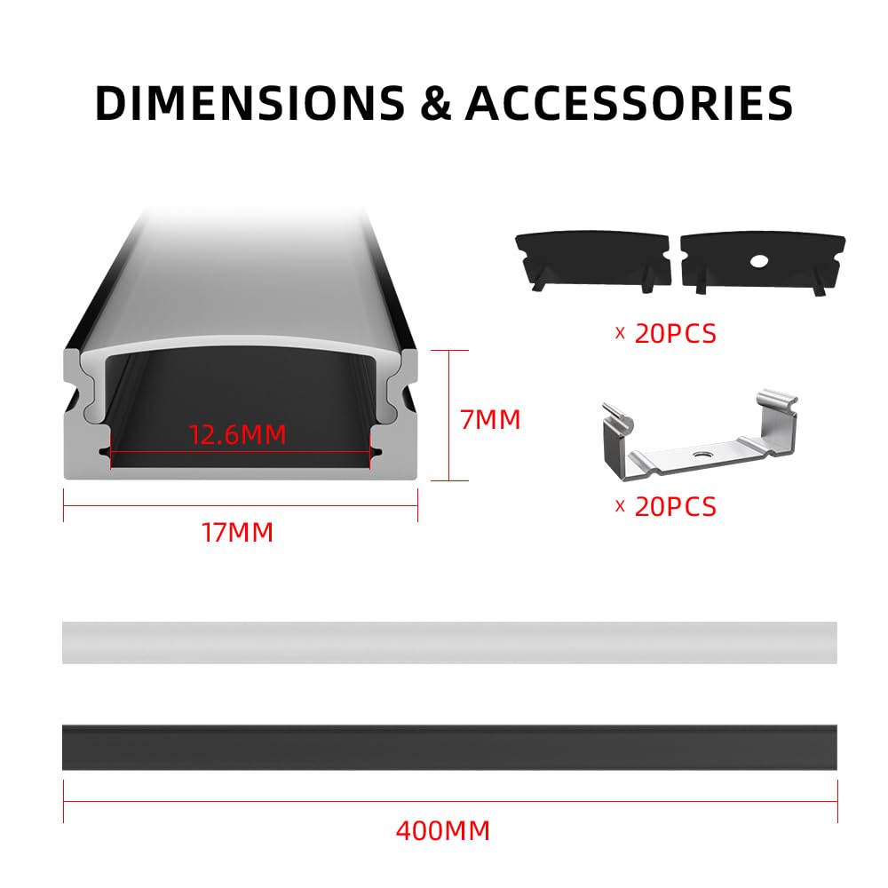 CUQI Czarny profil LED, 10 x 40 cm, profil aluminiowy z mleczną białą osłoną PC, zaślepkami i uchwytem montażowym do taśmy LED (10 szt.)