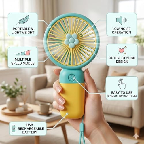 Image of Portable Handheld USB-C Rechargeable 3 Adjustable Speeds Mini Fan for Home Office & Outdoors (Sky Blue)