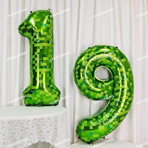 Image of 40 inch giant Green pixel miner game number 7 balloon | Large mining theme foil balloon 0-9 for pixel game parties children's birthdays party anniversary baby shower decoration