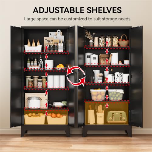 Image of COFaR 71 inch Black Metal Storage Cabinet with Doors for Office and Garage | 5-tier kitchen pantry cabinet with square-panel doors and 4 adjustable shelves for laundry room, office or garage storage.