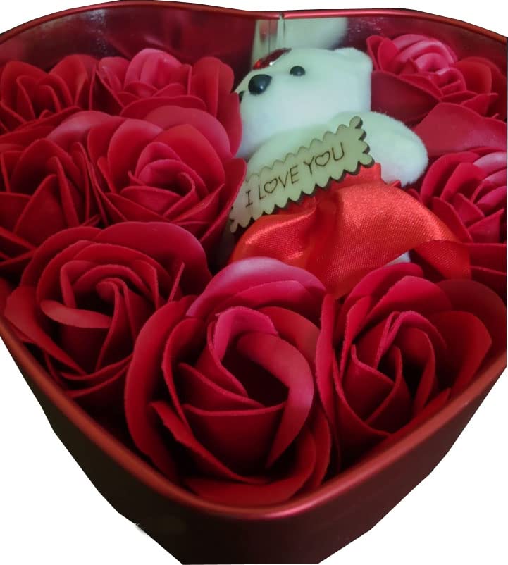 Heart-Shaped Red Box with Teddy and 10 Roses Valentine Day Best Love Gift for Girlfriend Heart Shape and Red Rose Soap Flower Petals with Box & Soft Teddy Bear-image-39