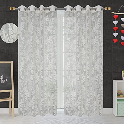Image of Honger Polyester Floral Design Heavy Net Tissue Curtains for Living Room Use Pack of 2 Curtains for (Size 4 x 7 Feet Door Curtains, Off-White Colour)