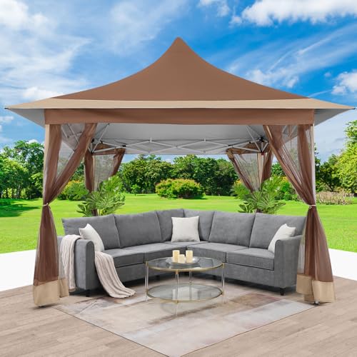 Image of COBIZI 12x12 Pop Up Gazebo with Mosquito Netting,Peaked Roof Canopy,Brown