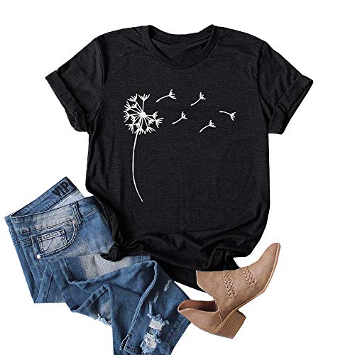 Cicy Bell Women's Dandelion Print T Shirts Cute Graphic Tees Short Sleeve Summer Cotton Tee Tops Black
