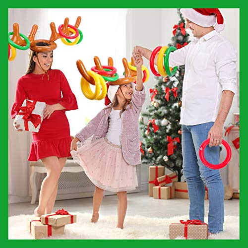 Balhvit 18Pcs Inflatable Reindeer Antler Ring Toss Game, Christmas Games for Kids Adults, Indoor Outdoor Xmas Party Games Holiday Favors Supplies for Families (2 Antlers &16 Rings & Hand-Held Pump)