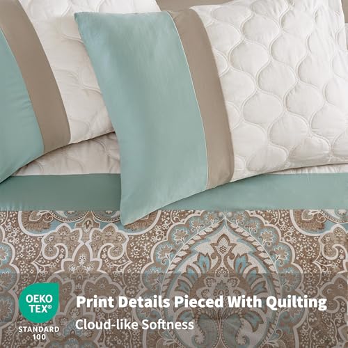 510 DESIGN Luxe Quilted Comforter Set Modern Transitional Design, All Season Down Alternative Warm Bedding Matching Shams, Bedskirt, Decorative Pillow, Cal King, Shawnee Scrollwork Seafoam by 510 DESIGN - Image 4