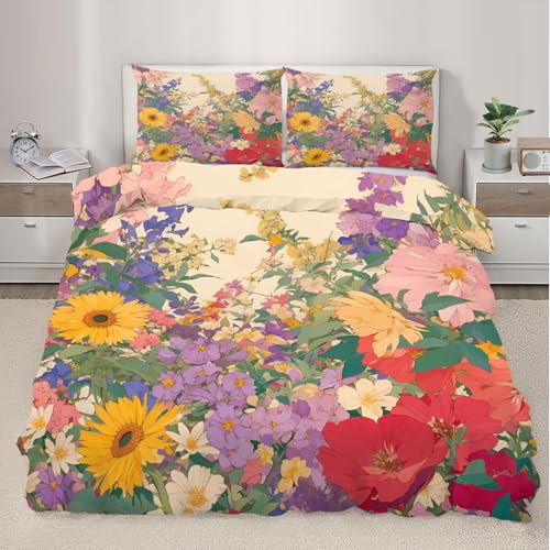 QINYUN Colorful Floral Duvet Cover Full Size, Rustic Wildflower Daisy Bedding Set 3 Piece Bedroom Decor Weed Leave Patterned Comforter Cover with Zipper Ties & 2 Pillowcases