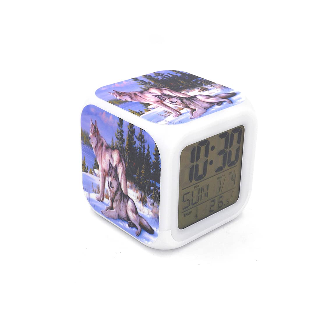BoWay3＂Desk & Shelf Clock Arctic Wolf Wolves Blue Digital Alarm Clock with Led Lights Plastic Table Clock for Kids Teenagers Adults Home/Office Decor