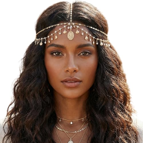 Nogeqi Chaîne de tête de déesse dorée - Bijou de tête de diseuse de bonne aventure - Strass et coquillages - Chaîne de cheveux dorée - Chaîne à pompon - Style bohème - Costume de diseuse de bonne