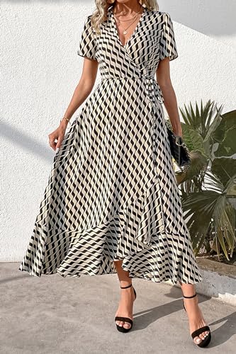 Image of PRETTYGARDEN Women's Summer Wrap Maxi Dress Casual Boho Floral V Neck Short Sleeve Ruffle Hem Split Beach Long Dresses