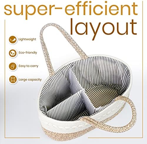 Orjez Baby Nappy Caddy Organiser, Multifunctional Portable Nappy Organiser Caddy, Pure Cotton Woven Rope Handmade Baby Caddy Organiser with 03 Removable Compartments
