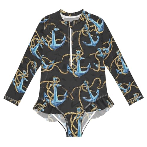 ALAZA Blue Anchor Black Girls One Piece Swimsuit Long Sleeve Rash Guard Swimsuits UV 50+ Swimwear Zipper