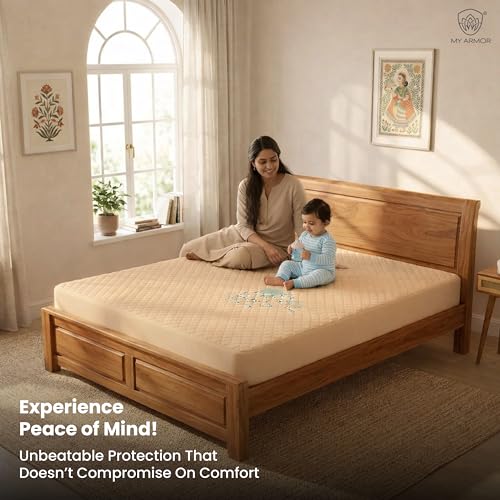 Image of MY ARMOR Mattress Protector | 72x36 Inch Waterproof Single Bed Cotton Quilted Fitted - Breathable, Noiseless, Ultra Soft Mattress Cover with Elastic Skirting (Beige, 6x3 ft)