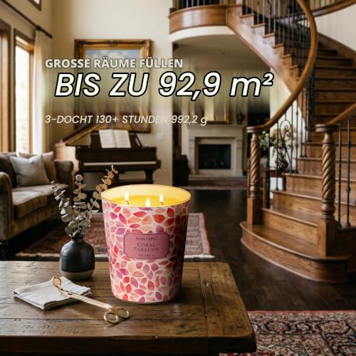 Home Lights Duftkerzen im glas groß 960g Soja Kerzen 3-Wick, Rauchfrei, 130h vollverbrannte Duftkerze Coral Paradise – Bild 3