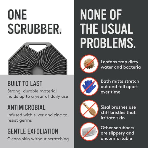 Image of Sud Scrub Antimicrobial Silicone Body Scrubber, Exfoliating Body Brush for Sensitive Skin, Antibacterial Shower Scrubber for Body, Bathroom Essentials for Men & Women, Charcoal