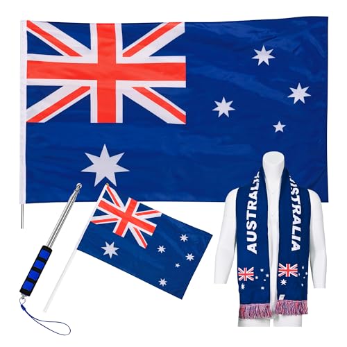 JAY CROFT Australia Knitted Country Flag Scarf with Body Flag Hand Flag and Telescopic Flagpole Football Soccer Supporter Gear for Men Women