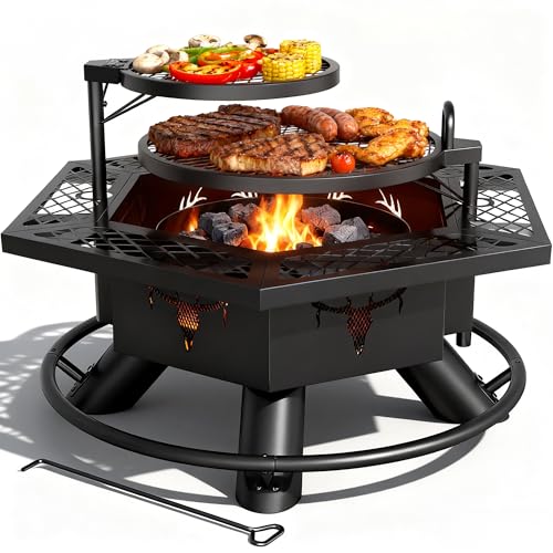 BALI OUTDOORS Fire Pit with BBQ, Outdoor Fire Pit for Wood Burning, Patio Firepits for Outside with...