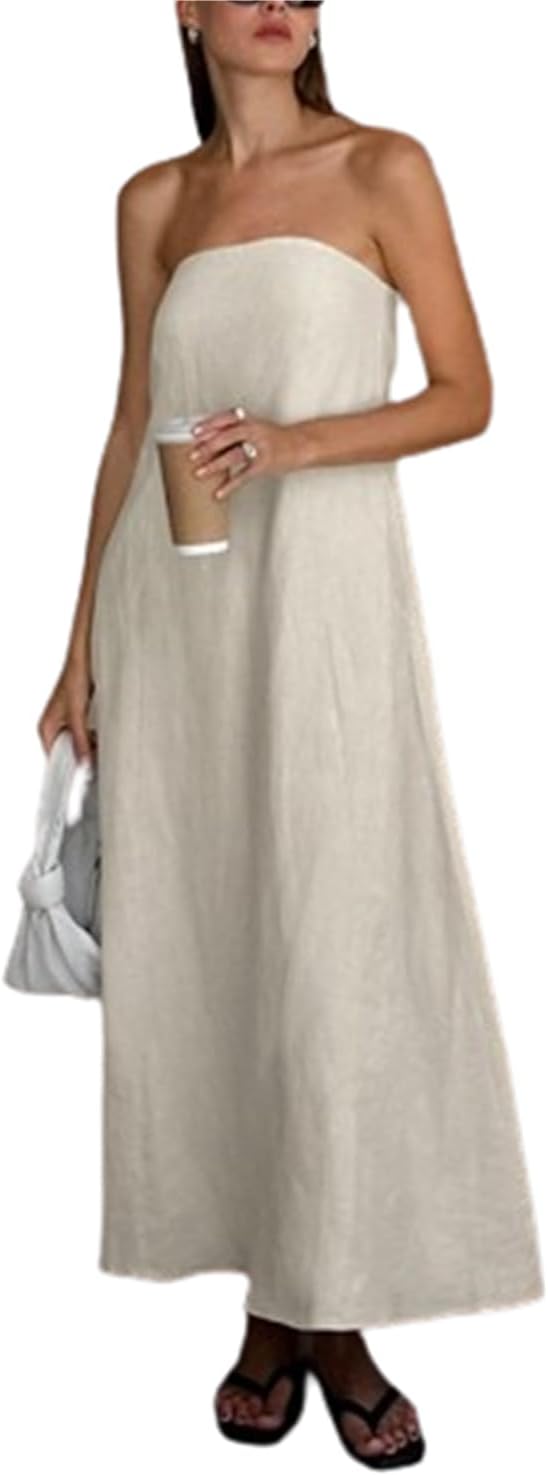 QNI Linen Dress Tube Top Maxi Dress with Pocket Strapless Loose Fitting Dress Swing Dress Summer Dresses for Women (Khaki,Small)