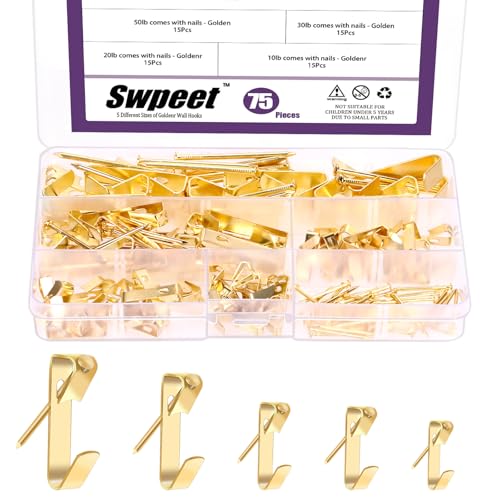 Sweet Lot de 75 cintres dorés de 5 tailles kilogramme avec kit d'assortiment de clous, crochets de suspension en métal, crochets robustes pour cadres photo