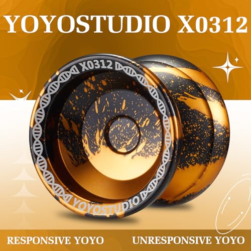YOYOSTUDIO Yoyo Professional Responsive Yoyo X0312 for Kids Beginner, Dual Purpose Fingerspin Yo yo for Adults with Unresponsive Yoyos Bearing Kit, 10 Yo-Yo Strings, Case & Glove - Black and Gold