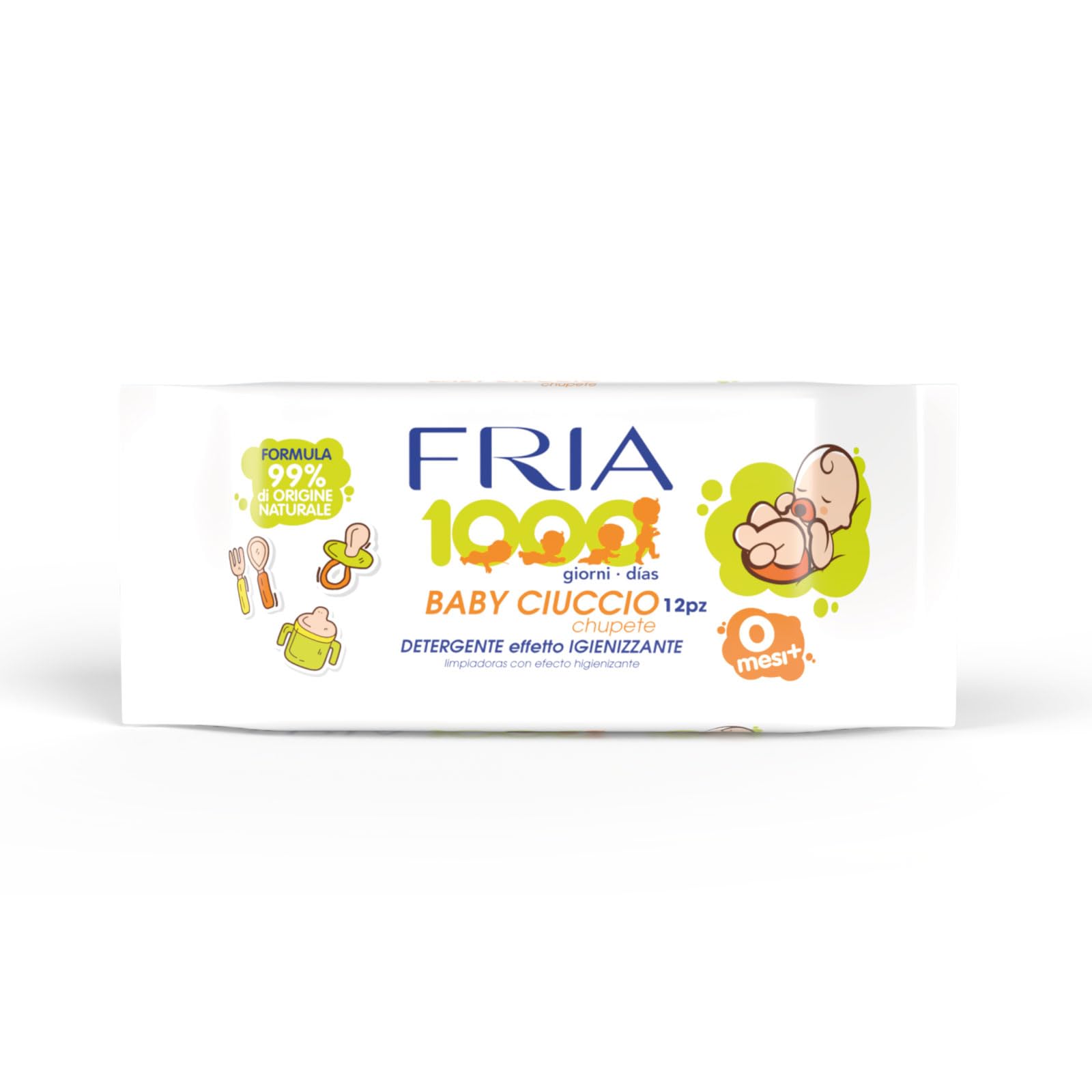 Fria Baby Ciuccio Salviette Pulisci Ciuccio Biberon Tettarelle Azione Igienizzante 99% Origine Naturale Confezione Borsa 12 Salviette