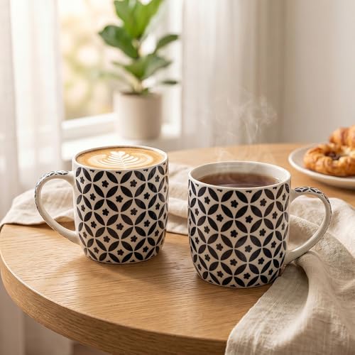 Image of UPC Coffee Mug Set of 6 | Black & White Geometric Tile Print | Circle Floral Lattice Pattern | Bone China Tea & Coffee Cups | Microwave Safe | Home & Kitchen