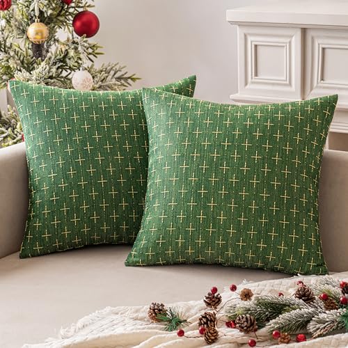 MIULEE Pack of 2 Christmas Decorative Burlap Linen Throw Pillow Covers Modern Farmhouse Pillowcase Rustic Woven Textured Cushion Cover for Sofa Couch Bed 24x24 Inch Christmas Green