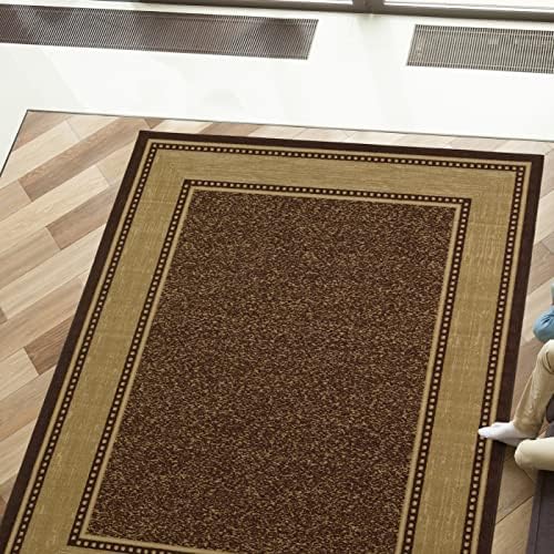 Machine Washable Bordered Design Non-Slip Rubberback 5x7 Traditional Area Rug for Living Room, Bedroom, Kitchen, Dining Room, 5' x 6'6", Brown
