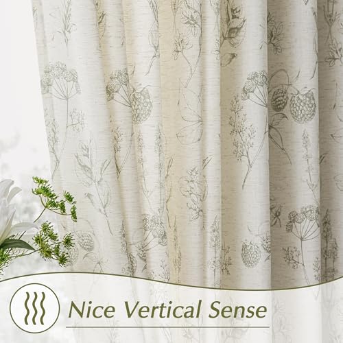 Image of FMFUNCTEX Linen Curtains Floral Patterned Curtain for Bedroom Living Room, Sage Green Curtains 96 Inches Long Farmhouse, Light Filtering Beige Window Curtain Grommet Top 2 Panels Set