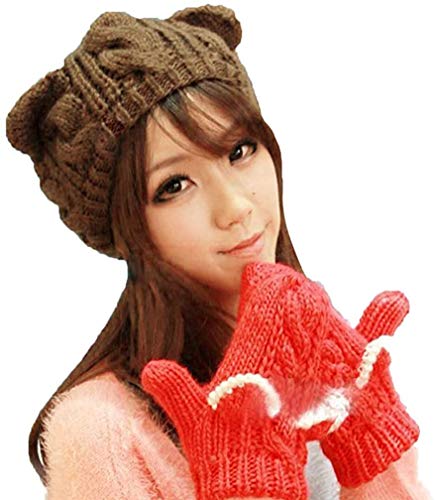Umbworld Women Girls Boys Teens Cute Cat Kitty Ears Knitted Crochet Cable Rib Hat Cap Beanie (Brown) #TOP2