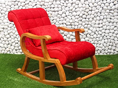 Image of CRAFTCITY Rocking Chair |Sheesham Wood Elegant Rocking Chair with Pillow and Matching Foot Stool and Pre assembeled(Red)