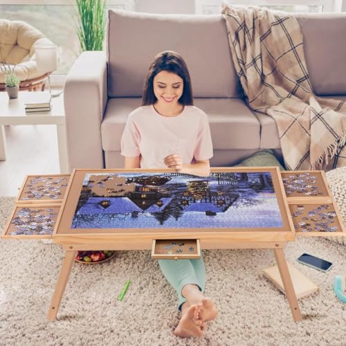 1500 Pieces Rotating Puzzle Boardwith Drawers and Cover - Sturdy Jigsaw Puzzle Table with 6 Drawers Wooden (1500pcs)