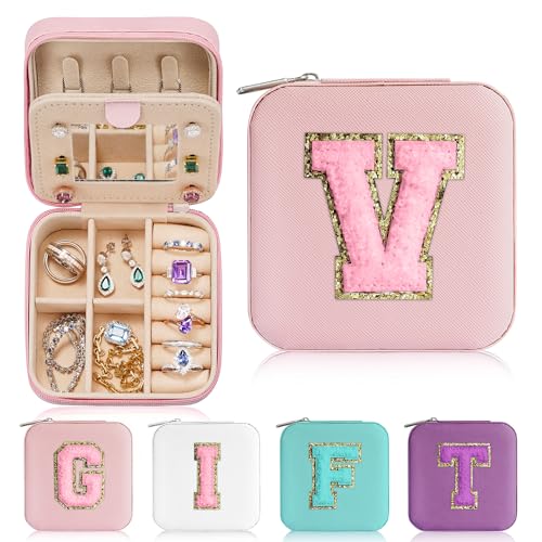 Parima Travel Essentials for Women Jewelry Box, Travel Accessories for Teen Girls Trendy Stuff | Necklace Organizer Earrings Organizer Ring Organizer - Letter V, Pink