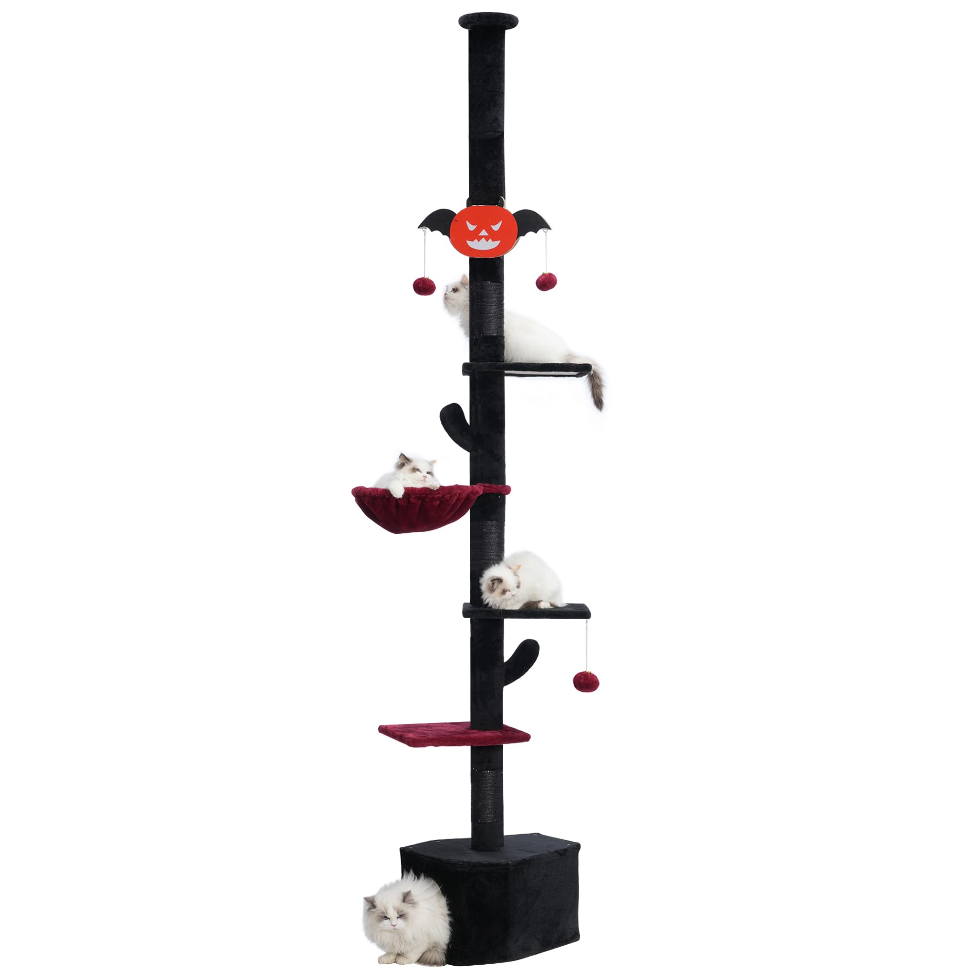 Hebly Floor to Ceiling Gothic Cat Tree 98-109.5 Inches with Hammock,Cat Condo,Tall Cat Climbing Tower Adjustable with Scratching Posts for Indoor Cats Black Red HCT090BR