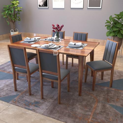 Image of DRIFTINGWOOD Tiya Dining Table 6 Seater | Six Seater Dinning Table with 6 Chairs in Gray Cushions for Home | Rosewood, Honey Finish, Self Assembly(DIY)
