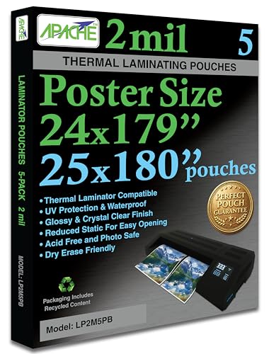 Image of Apache Poster Banner Size Laminating Pouches, 2 Mil, 5 Pack, Holds 24 x 179 Inch Projects (25 x 180 Inch Pouch Size), Thermal Laminator Compatible Laminating Sheets, Super Clear, Round Corners