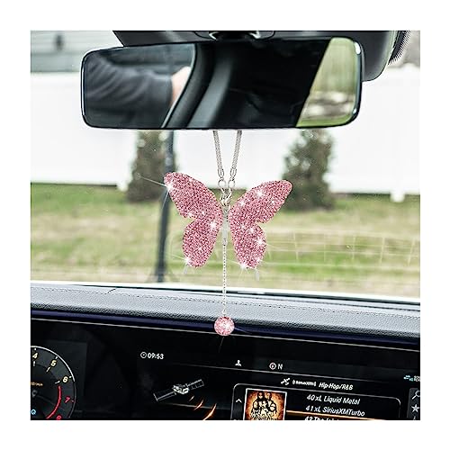 JNNJ Strass Ornements de Papillon pour Rétroviseur de Voiture, Charme en Cristal Suspendus de Rétroviseur, Décoration Pendentif Ornement Femmes Bling Accessoires pour Intérieur de Voiture(Rose)