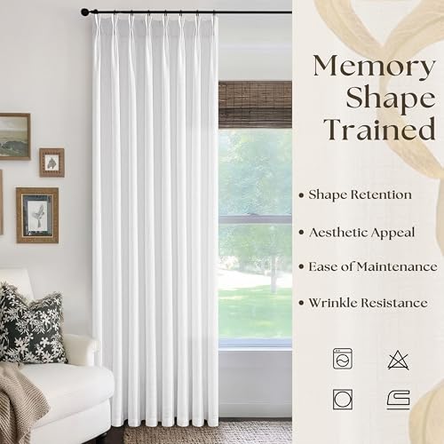 Image of Snow White Linen Curtains Pinch Pleated 84 Inches Long for Living Room | Bedroom, Pleat with Hooks Rings, Back Tab, Semi Sheer Curtains, 84 Inch Length, Light Filtering, Luxury Drape, 1 Panel