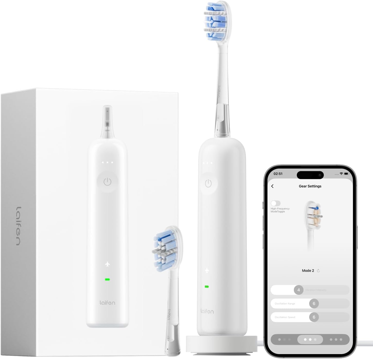 Laifen Wave Pro Sonic Electric Toothbrush for Adults – 2026 Model, 60° Oscillations for Ultra-Clean, Smart App, 70-Day Battery, 2 Brush Heads, IPX8 Waterproof (White ABS)