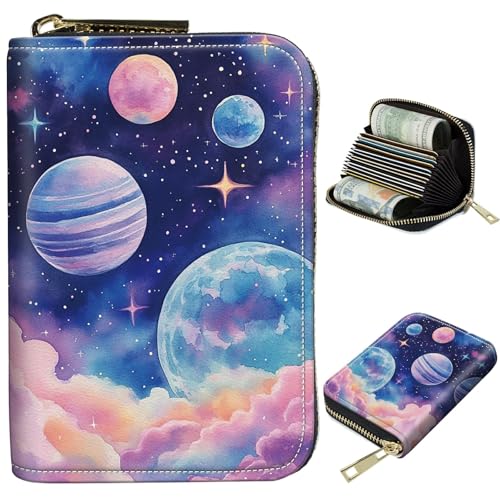 Image of Cute Credit Card Holder with Zipper, Pink Starry Planets RFID-Blocking Card Case Small Wallet for Women Men, Multi-slot Card Organizer Case Travel Accordion Wallet
