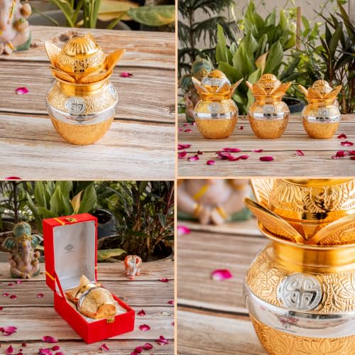 Image of Indian Art Villa Silver Plated Gold Polished Mangal Kalash with Coconut, Width Decorative Kalash for Pooja, Lakshmi Puja, Griha Pravesh, Temple & Festive Gifting, 3.8 Inch