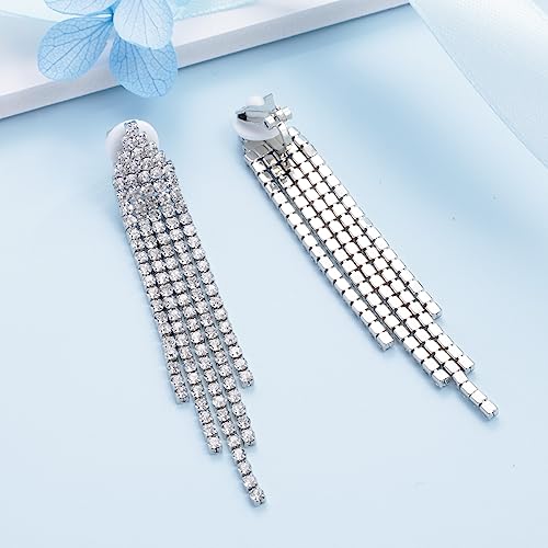 SELOVO Chandelier Tassel Dangle Linear Drop Earrings Party Jewelry Clear Austrian Crystal (3inch -Clip On-Clear)3