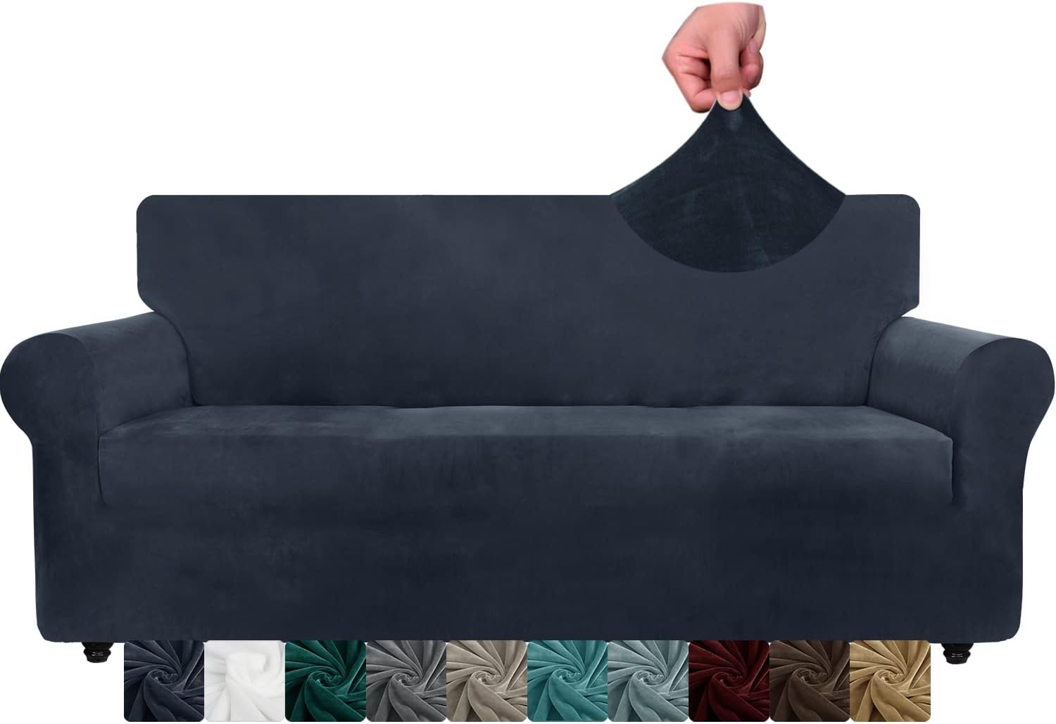 CHELZEN Velvet Couch Covers 3 Seater Thick Stretch Sofa Covers for Dogs Pets Non-Slip Sofa Slipcover Washable Furniture Protector for Living Room (3 Seater, Navy Blue)