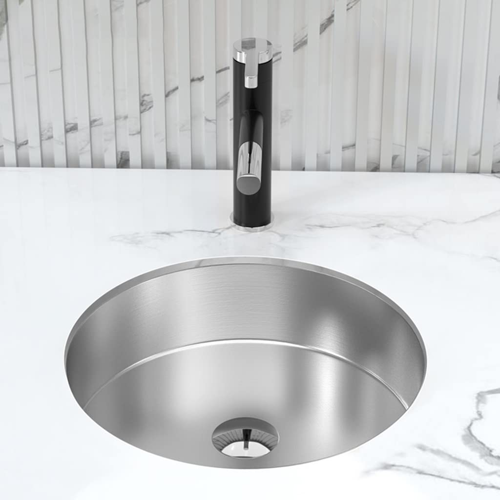 Lavello da cucina argento a vasca singola Lavello da bar con supporto superiore Lavello rotondo in acciaio inossidabile per camper con gruppo di scarico e tubo di scarico (Argento 39,5x39,5x9,5 cm)