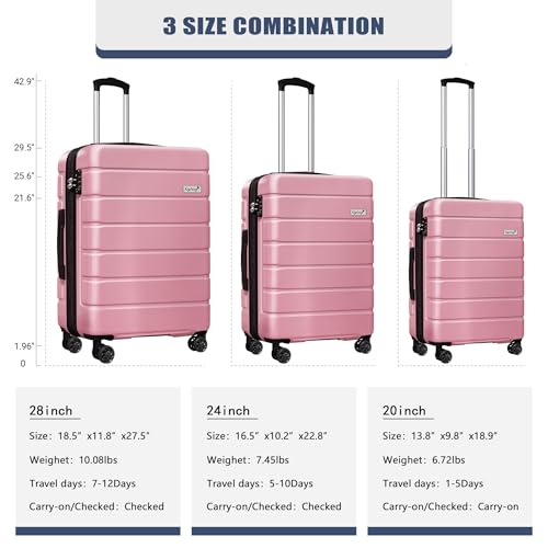 Image of KEYTANG Luggage Light weight Hardside Expandable Luggage Spinner Wheels Luggage Suitcase W /TSA Lock 3-Piece Luggage Set,Include 20 inchCarry on Luggage Suitecase(20 /24 /28), Pink